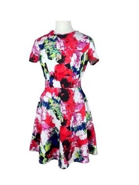 Milly White Floral Midi Dress with Pink, Red, Blue and Green Print